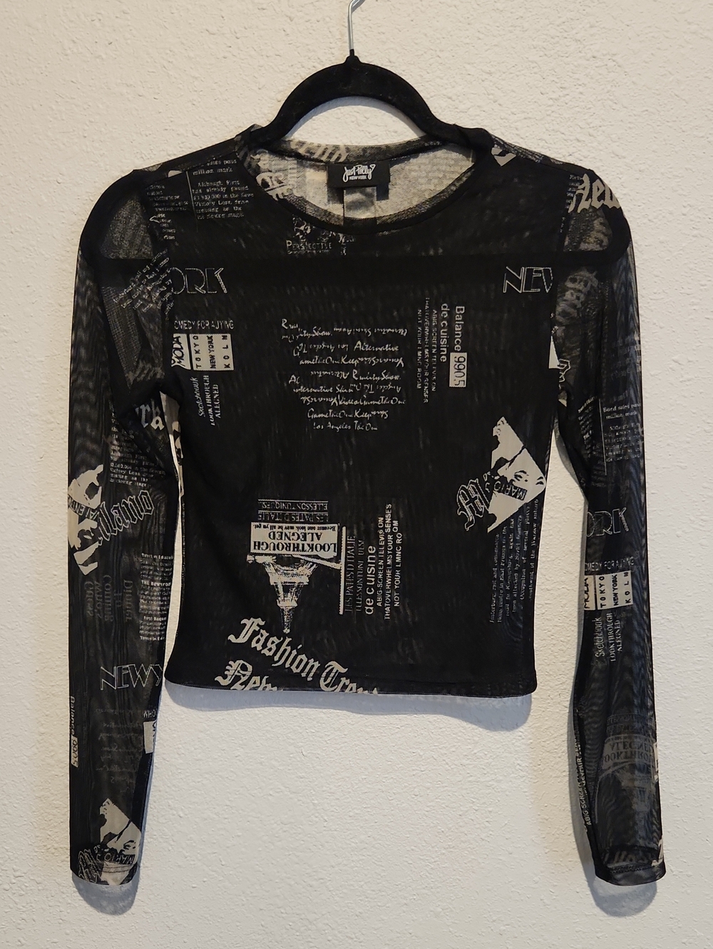 Just Polly NY Sheer Mesh Newspaper Print Top Sz M Grunge